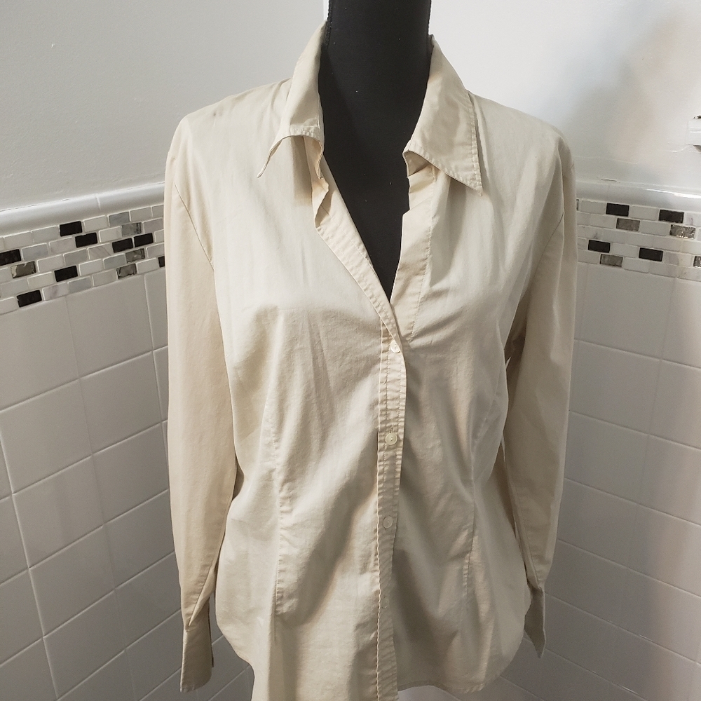 New York & Company City Stretch Button Down Shirt Tan XL